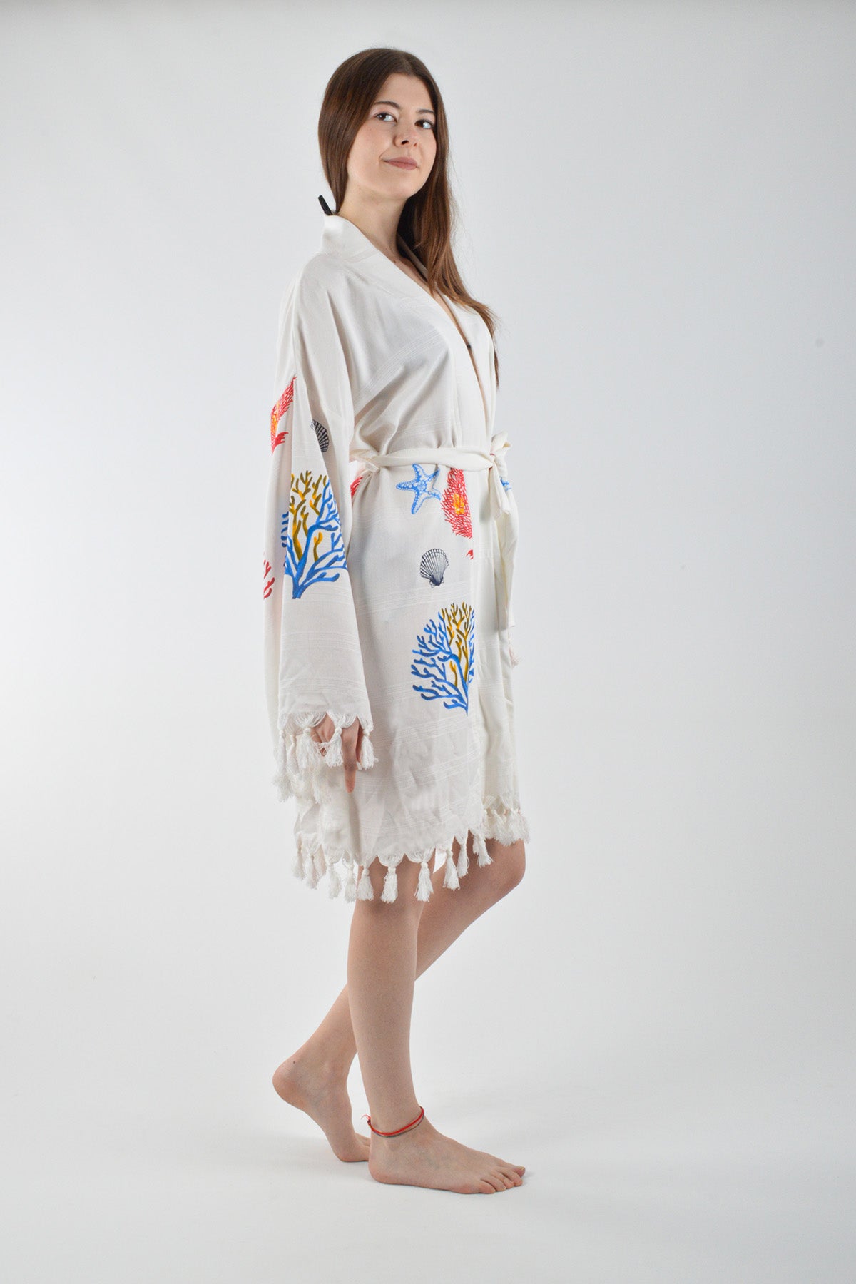 Karışık Mercan Desenli Viskon Kimono Kuşaklı Bornoz