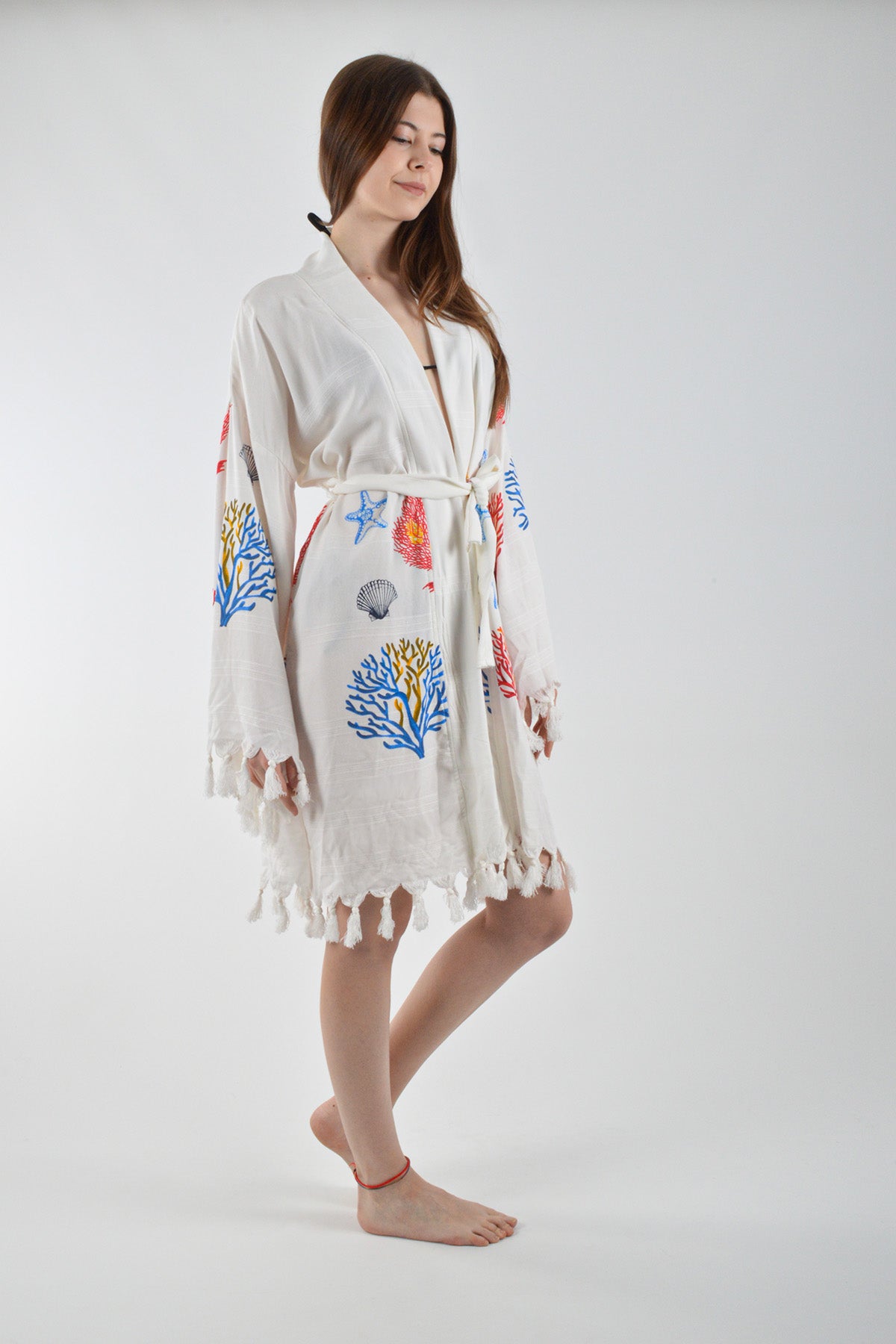 Karışık Mercan Desenli Viskon Kimono Kuşaklı Bornoz