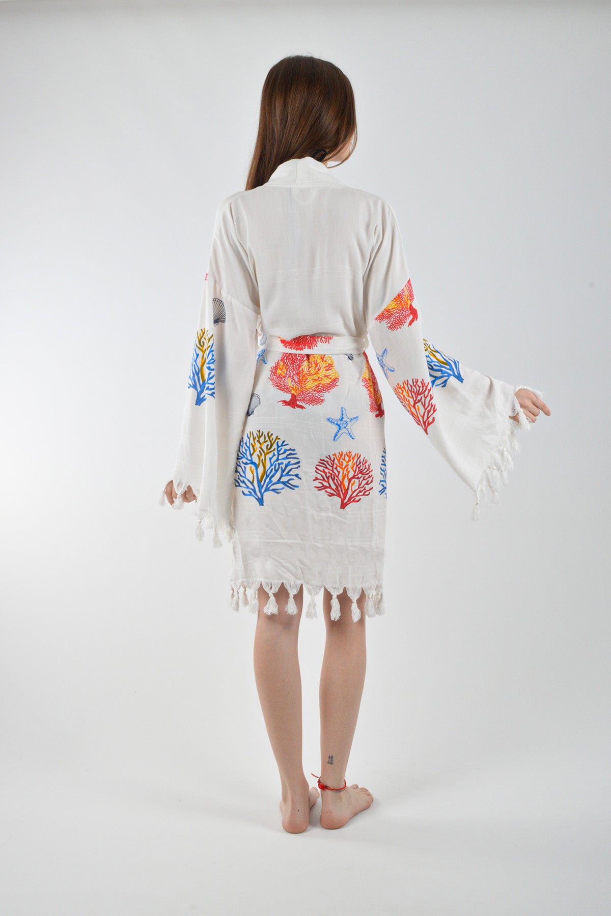 Karışık Mercan Desenli Viskon Kimono Kuşaklı Bornoz
