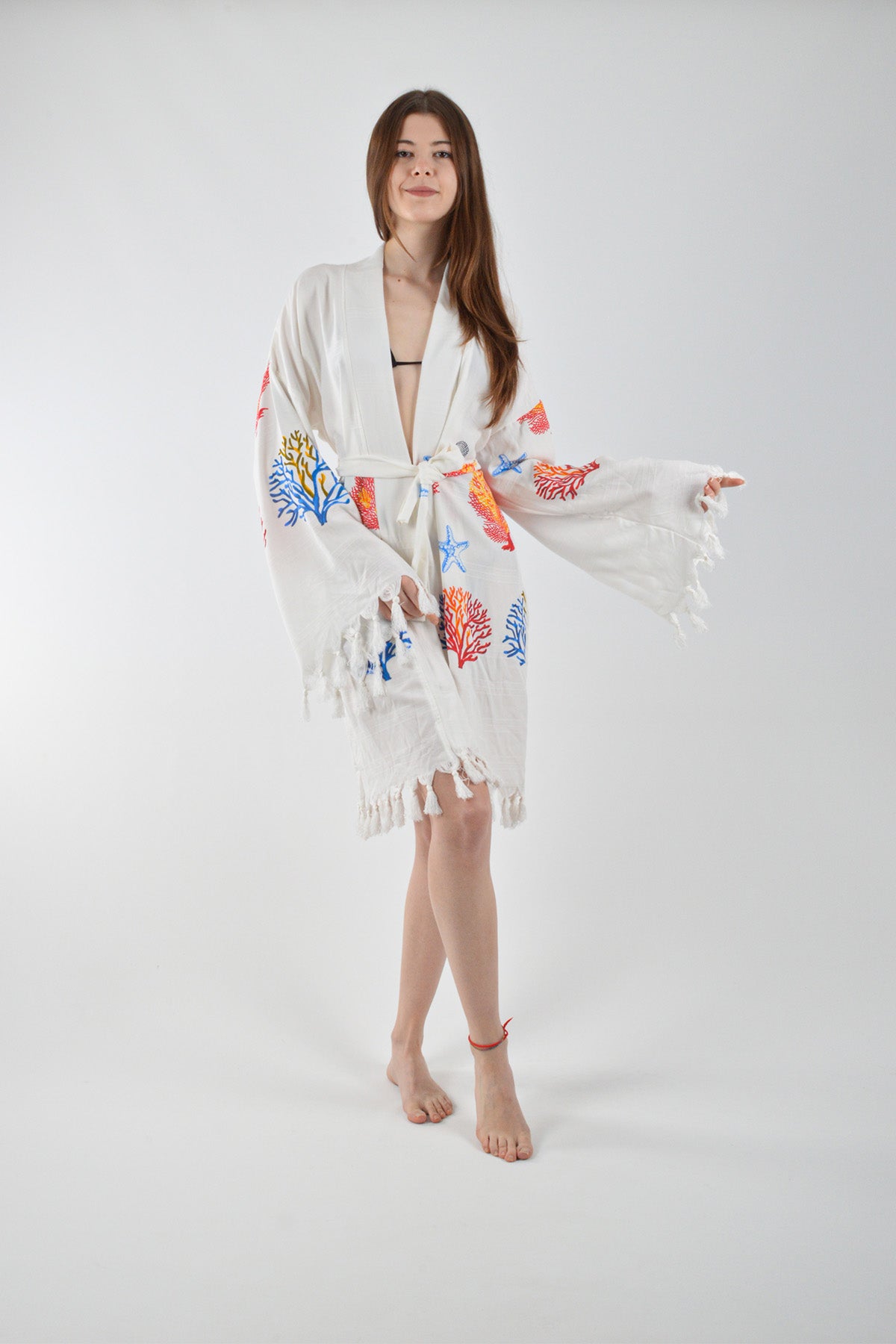 Karışık Mercan Desenli Viskon Kimono Kuşaklı Bornoz
