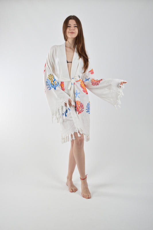Karışık Mercan Desenli Viskon Kimono Kuşaklı Bornoz