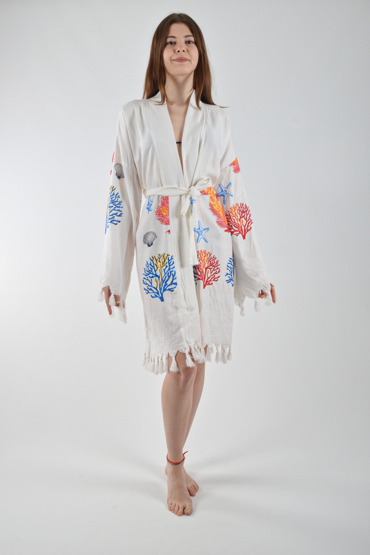 Karışık Mercan Desenli Viskon Kimono Kuşaklı Bornoz